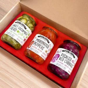 Assorted Vegetables Gift Pack Set with Marinated Peppers, Sweet Cucumber Salad, Pickled Red Cabbage, 32 oz
