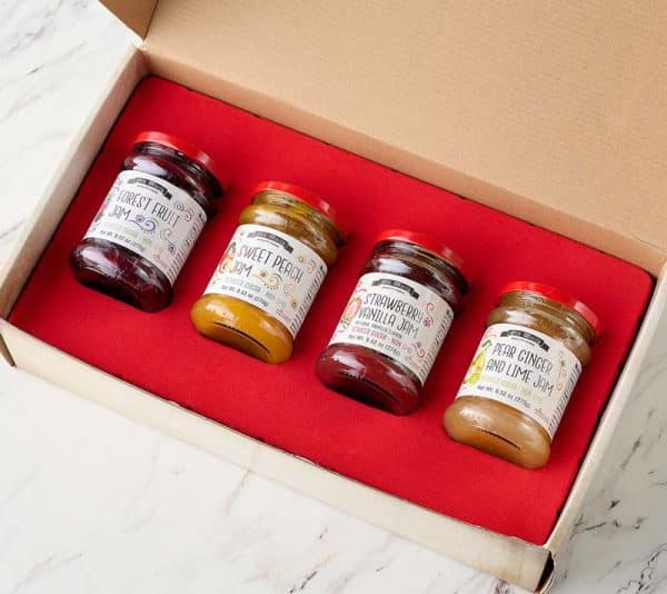 Premium European Fruit Jam Sampler with Sweet Peach, Forest Fruit, Strawberry Vanilla, Pear Ginger and Lime, 9.52 oz Jars