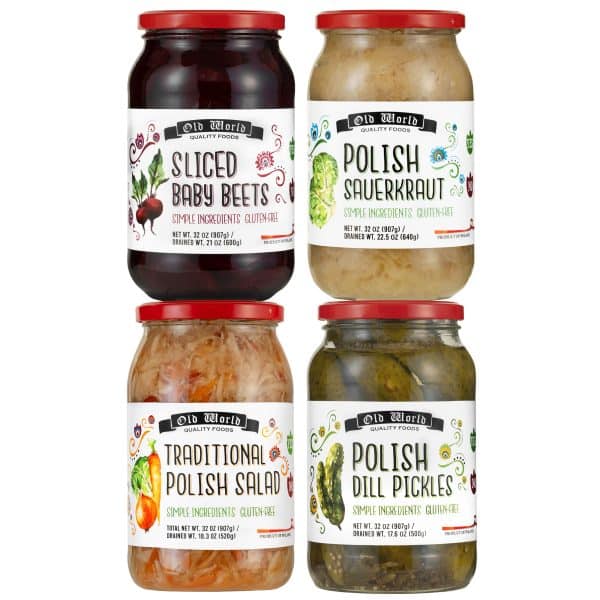 Summer BBQ Set - Four 32 Oz Jars of Assorted Pickled Vegetables w/ Dill Pickles, Sliced Baby Beets, Polish Barrel Sauerkraut and Polish Salad