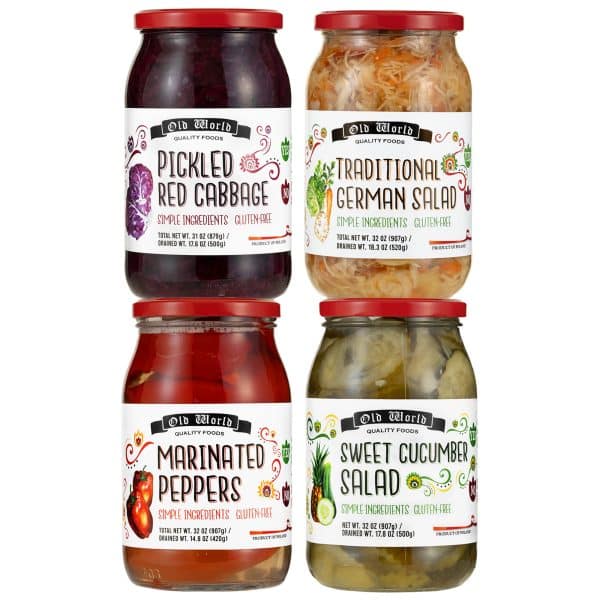 Healthy Veggie Lovers Set-  Includes Four 32 Oz Jars of Marinated Peppers, Sweet Cucumber Salad, Red Cabbage, and German Salad
