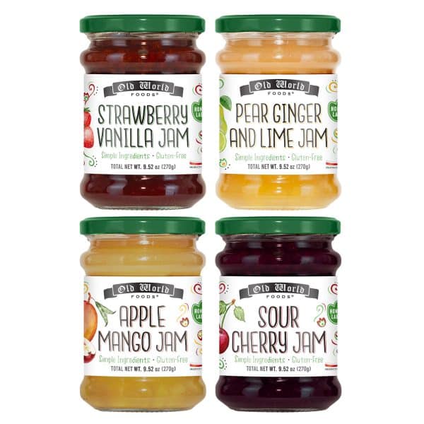 Premium European Fruit Jam Sampler 4-Pack with Strawberry Vanilla, Pear Ginger and Lime, Sour Cherry, and Apple Mango Flavors, 9.52 oz Jars